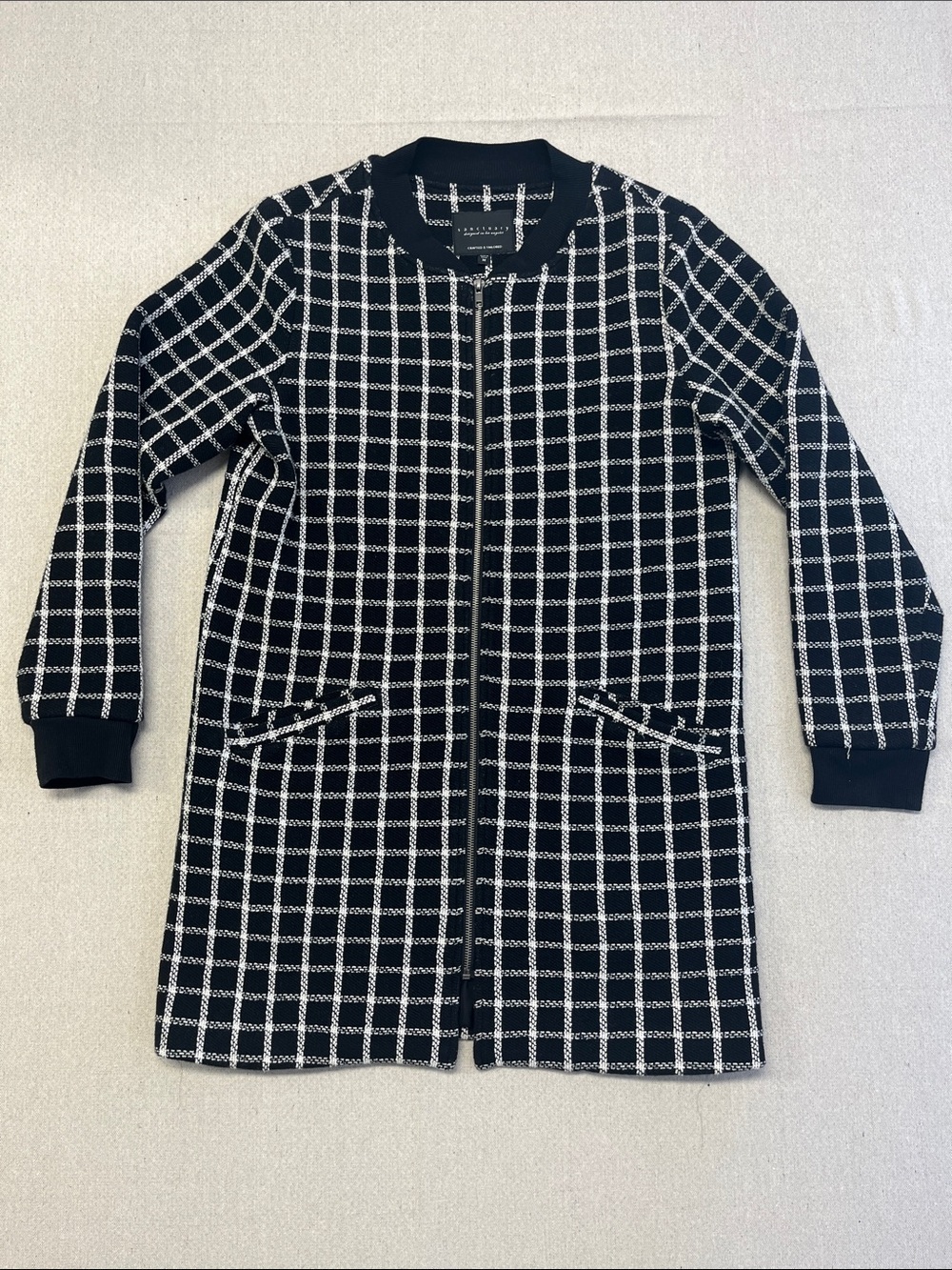 Sanctuary Grid Plaid Zip Jacket Medium Black White Lined Coat